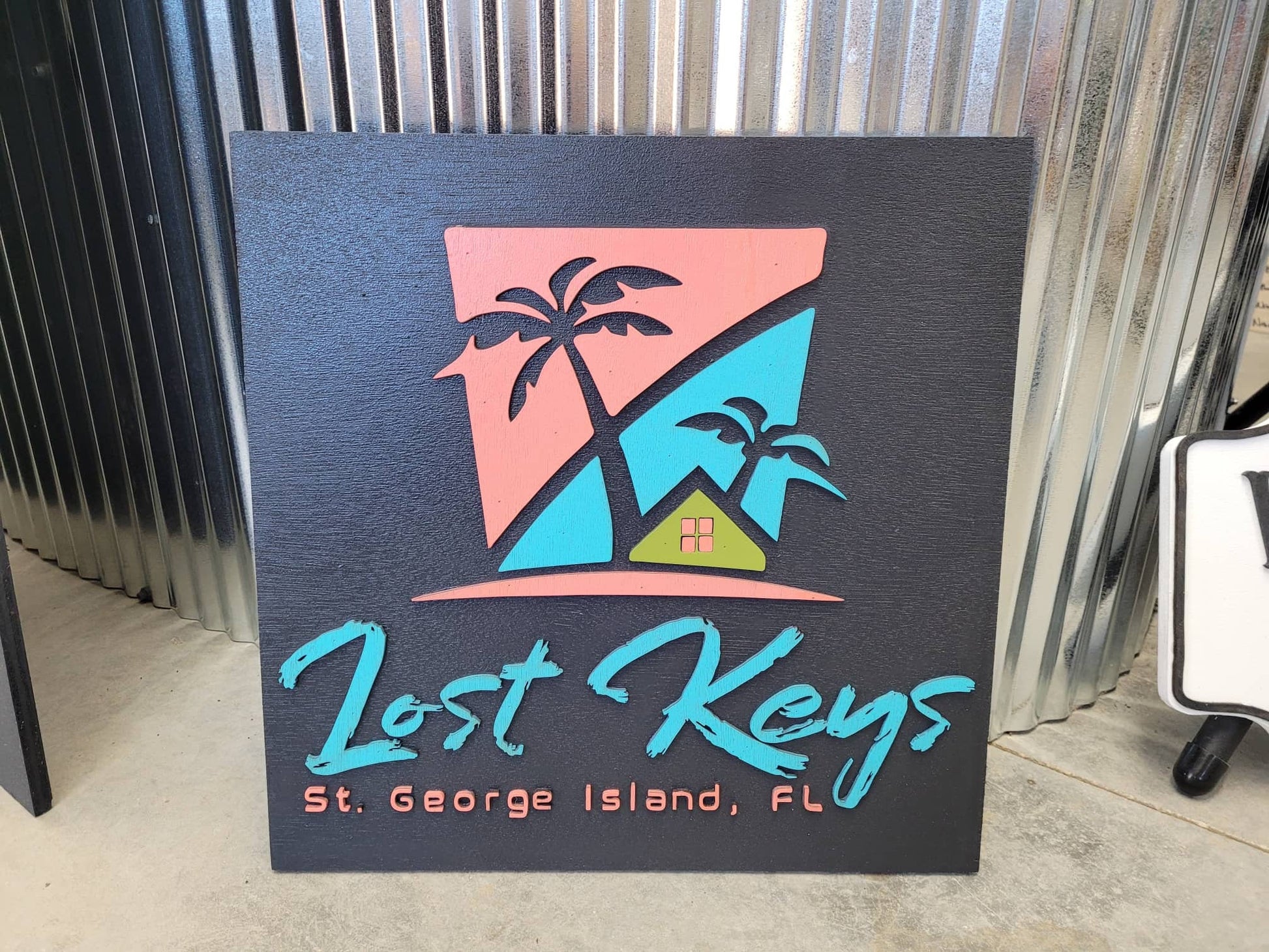 Custom Sign Beach Keys Palm Trees Retro Square Business Commerical Signage 3D Made to Order Co Store Front Small Shop Logo Wooden Handmade