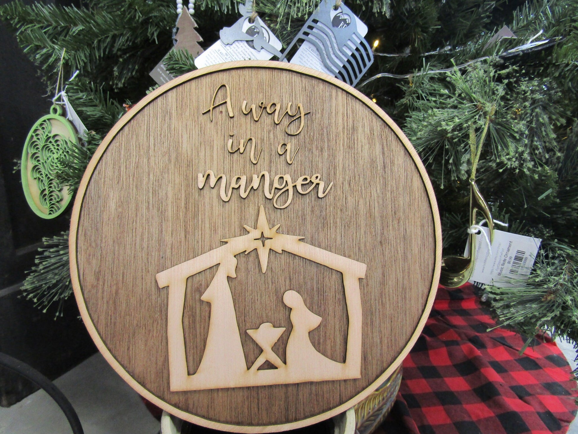 Christmas Away In A Manger Jesus Birth of Christ Faith Winter Decor Wooden Natural Gift Round Holiday Handmade Wall Hanging Sign 3D