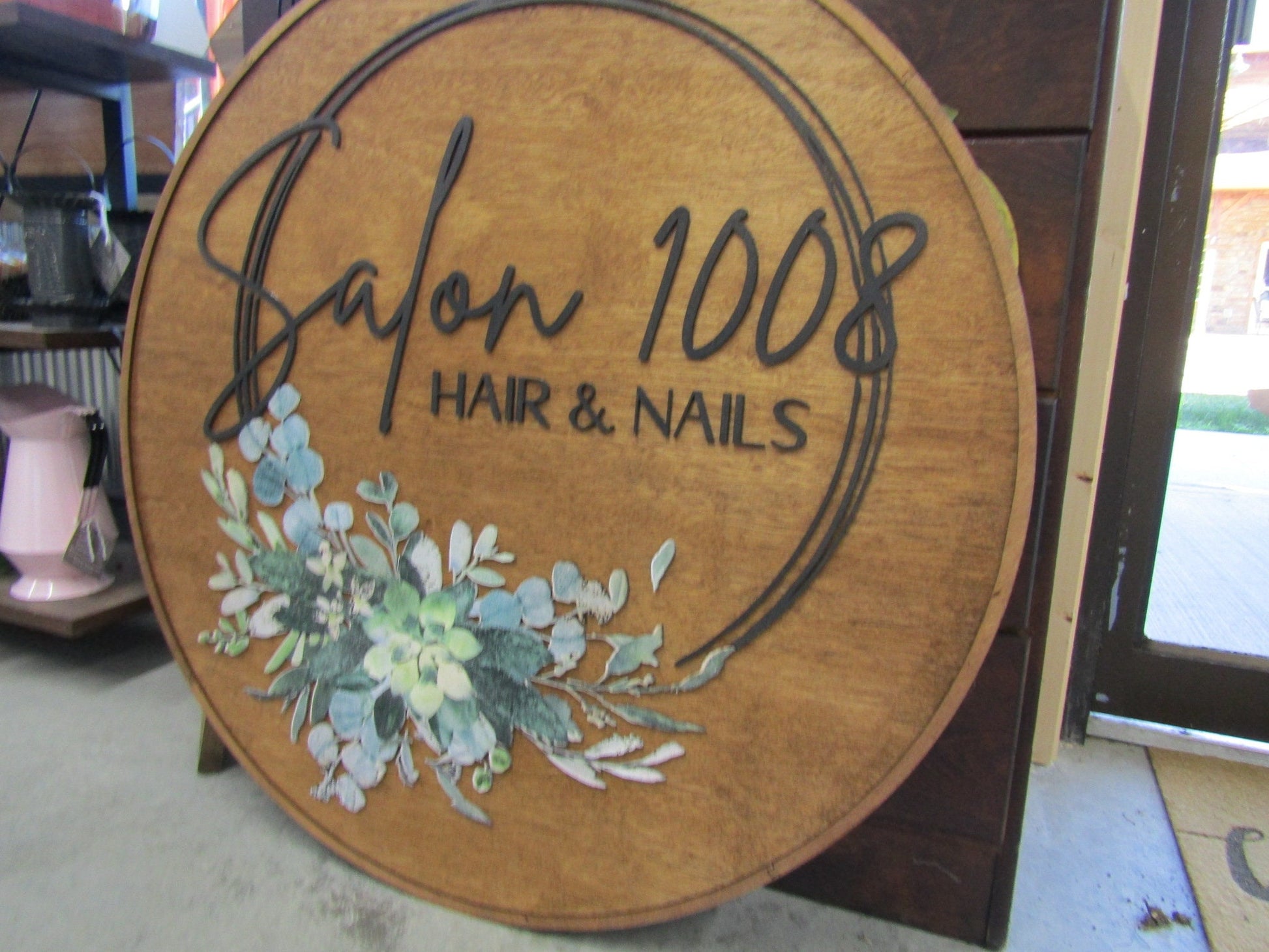 Custom Wooden Sign Salon Commerical Signage Entrance Sign Your Logo Personalized Hanging Sign Raised Letters Round Printed Image Floral