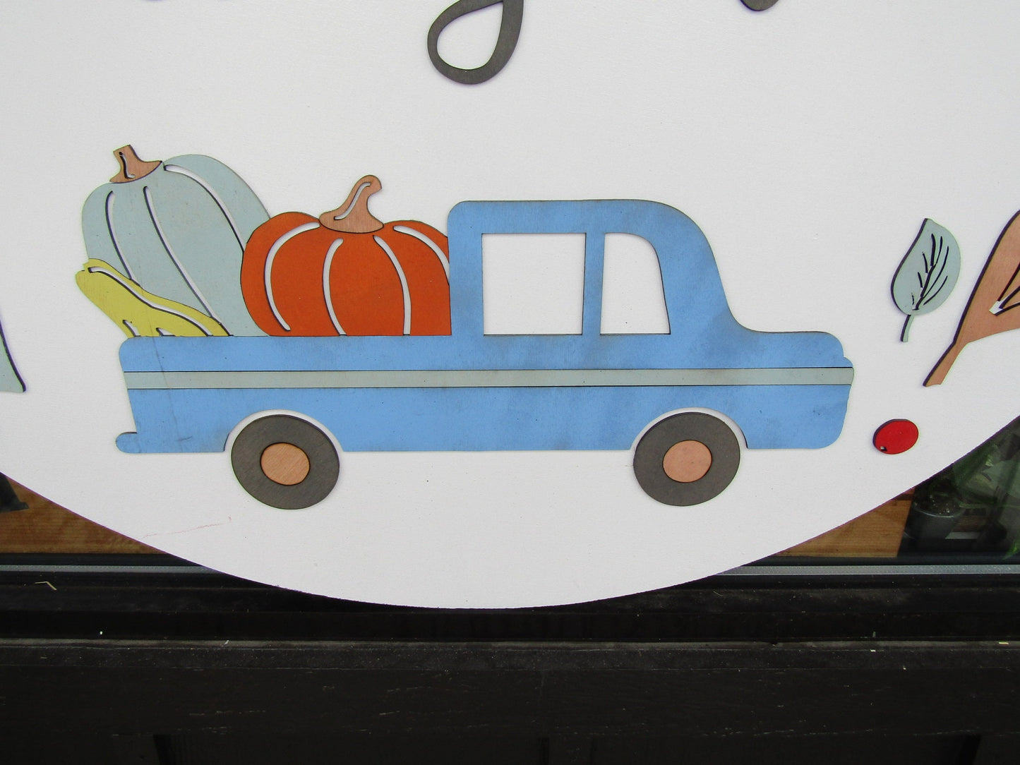 Hello Fall Little Blue Truck Pumpkin Leaves Autumn Handmade Decor Color Cute Door Sign Wooden Circle Round Sign Multiple Sizes Acorns Rustic