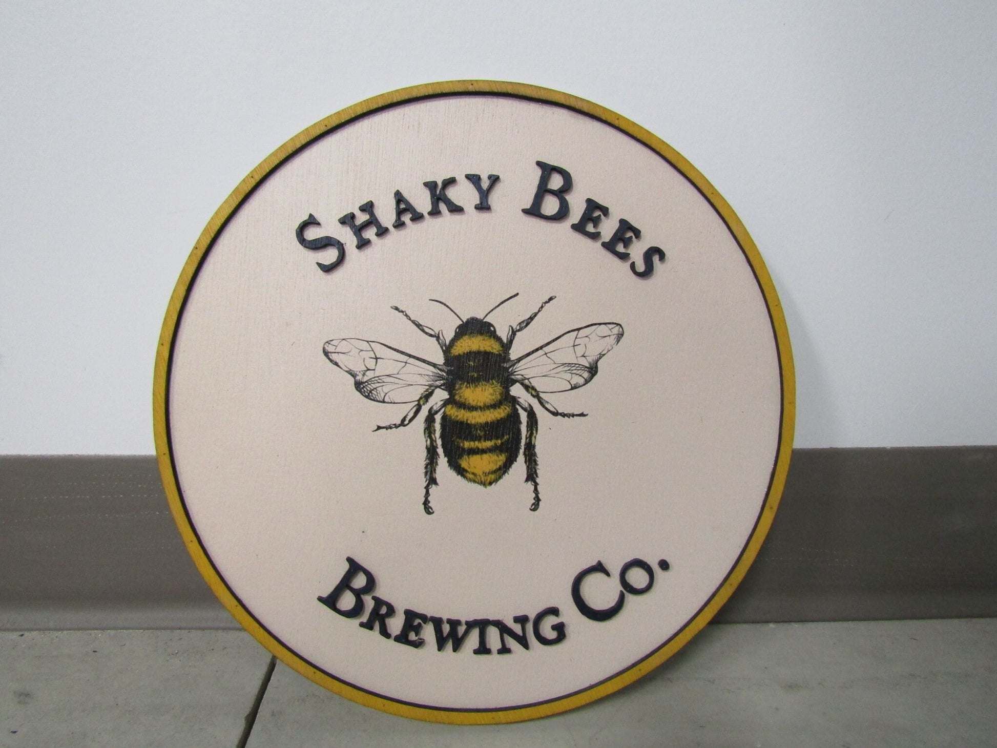 Custom Sign Round Brewing Co Business Commerical Signage Bumble Bee Beer Eatery Store Front Entrance Made to Order Logo Wooden Handmade