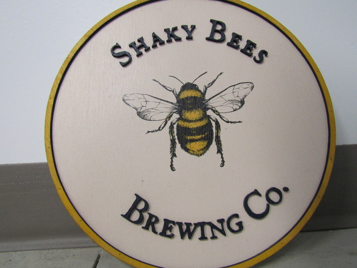 Custom Sign Round Brewing Co Business Commerical Signage Bumble Bee Beer Eatery Store Front Entrance Made to Order Logo Wooden Handmade