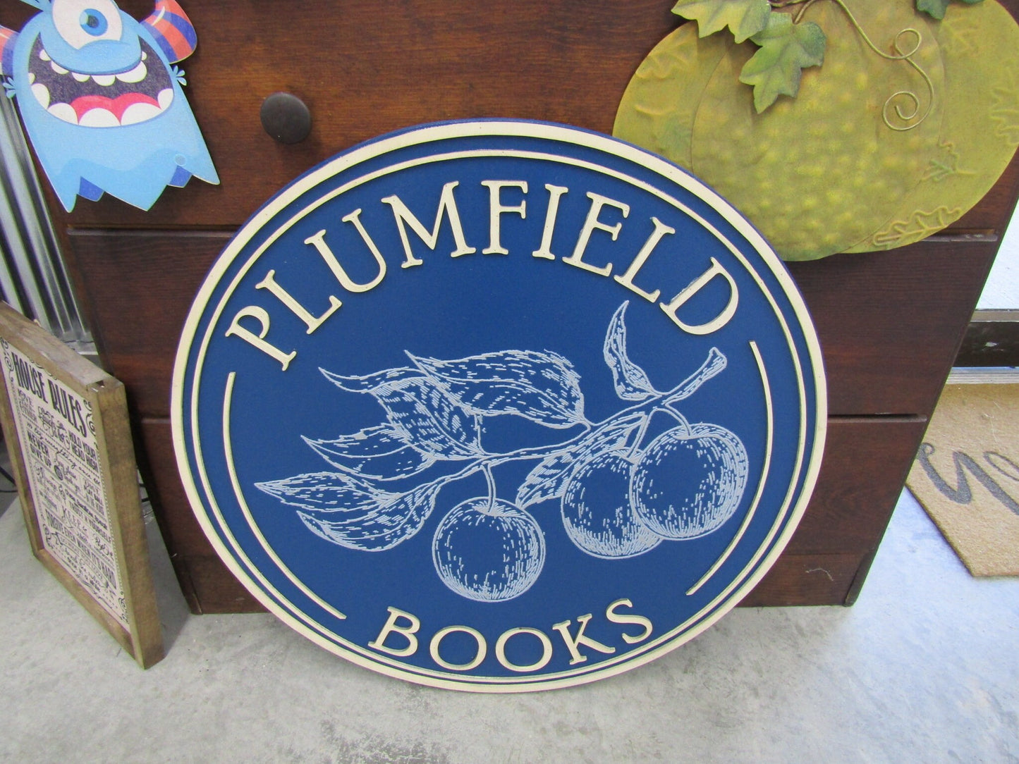 Custom Wooden Sign Plum Book Store Entrance Sign Your Logo Personalized Hanging Sign Raised Letters Round Printed Image Fruit Blue Handmade