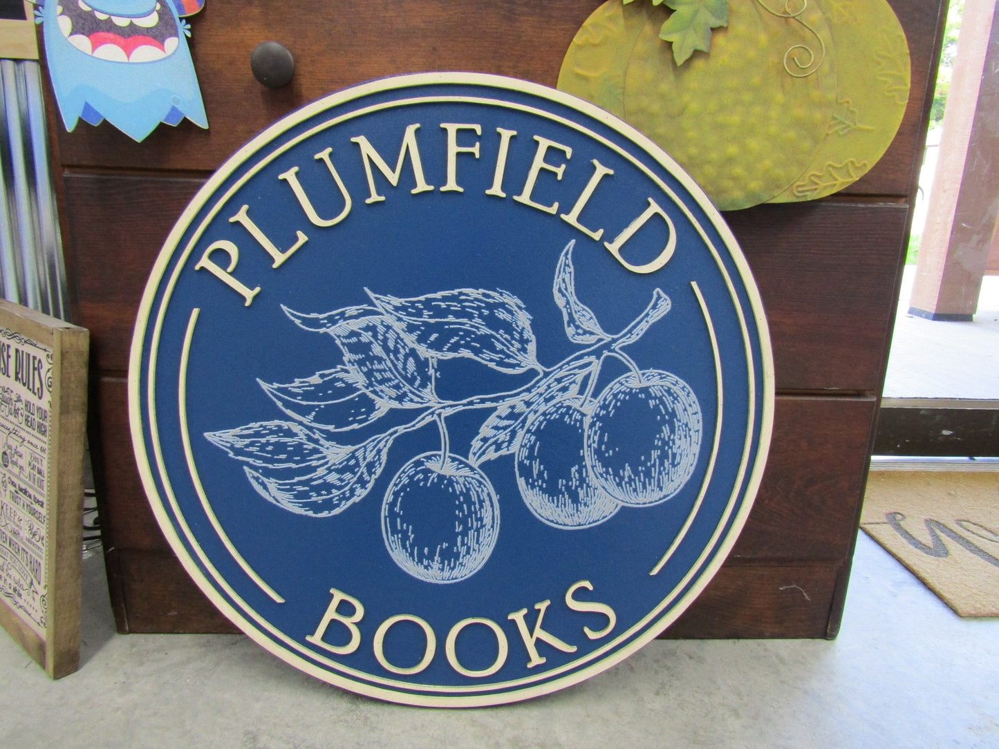 Custom Wooden Sign Plum Book Store Entrance Sign Your Logo Personalized Hanging Sign Raised Letters Round Printed Image Fruit Blue Handmade