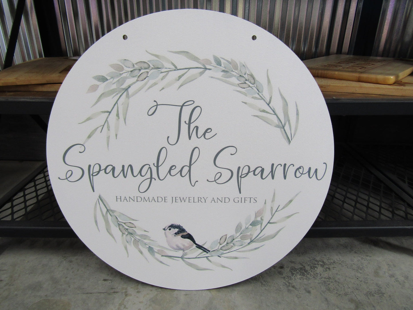 Small Business Jewelry Store Sparrow Logo Your Logo Wreath Frame Round Hanging Sign Booth Custom Personalized Wall Art Color Wood Print