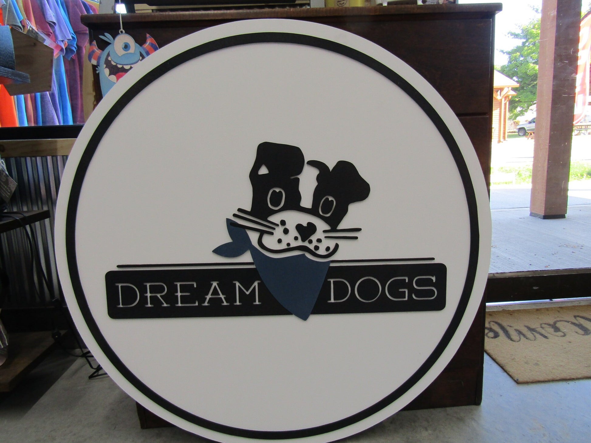 Custom Wood Sign Dog Puppy Bandana Cute Round Business Commerical Signage Made to Order Store Front Small Shop Logo Circle Wooden Handmade
