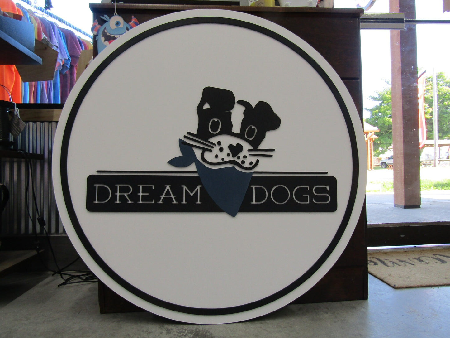 Custom Wood Sign Dog Puppy Bandana Cute Round Business Commerical Signage Made to Order Store Front Small Shop Logo Circle Wooden Handmade