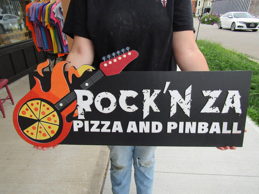 Custom Pizza and Pinball Commerical Signage Handmade 3d Contoured Sign Your Logo Arcade Business Theme Park Guitar Rock Retro Wooden Sign
