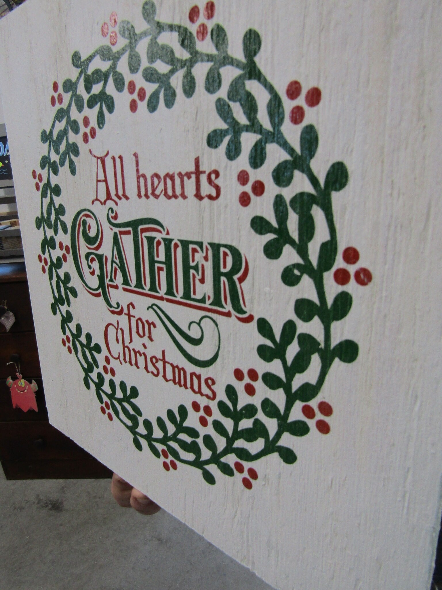 Holly All Hearts Gather For Christmas Wreath Mistletoe Berries UvPrinted Unframed Home Decor Handmade Color Red and Green Family Wooden