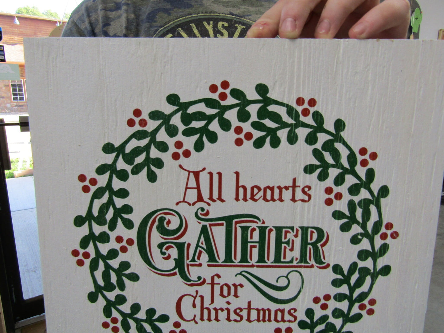 Holly All Hearts Gather For Christmas Wreath Mistletoe Berries UvPrinted Unframed Home Decor Handmade Color Red and Green Family Wooden