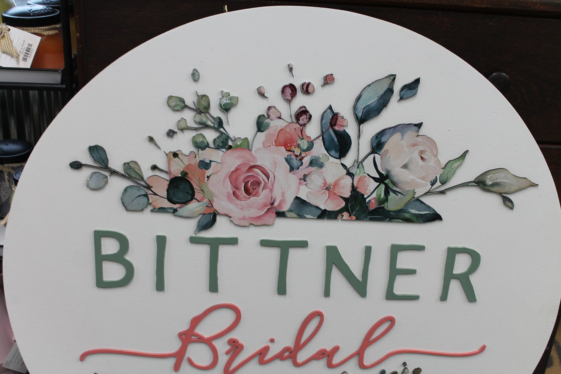 Floral Bridal Custom Round 3D Sign Wooden Handmade Signage Your Logo Full Color Match Available Bridal Store Wedding Venue Raised Lettering