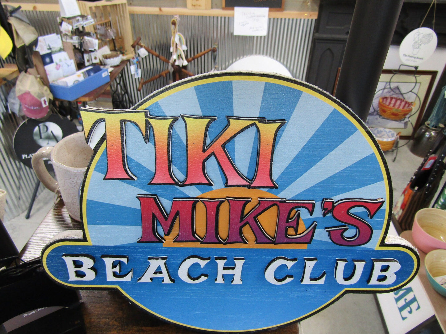 Custom Sign Contoured Business Commerical Signage Beach Club Bar and Grille Made to Order Tiki Tropical Logo Wooden Handmade Sunny Rays