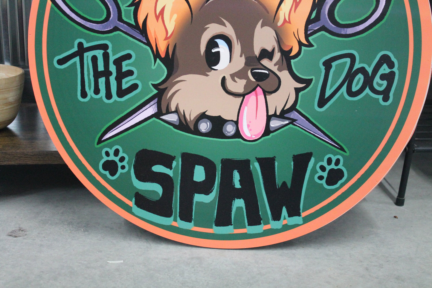 Dog Spa Business Sign Custom Printed Your Logo Puppy Paw Groomer Winking Cartoon Full Color Light Weight Door Hanger Store Front Signage