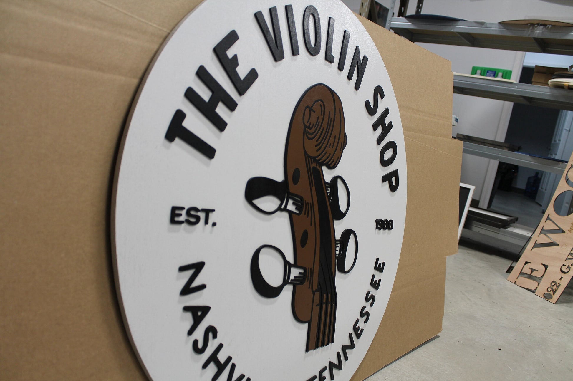 Violin Music Musician Store Business Commerical Signage Strings Orchestra Custom Logo Raised Sign 3D Wooden Handmade Round Sign Store Front