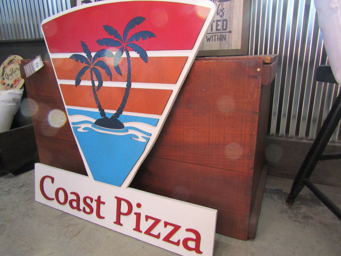 Custom Sign Pizza Slice Palm Tree Fast Food Sign Contoured Business Commerical Signage Made to Order Front Small Shop Logo Wooden Handmade