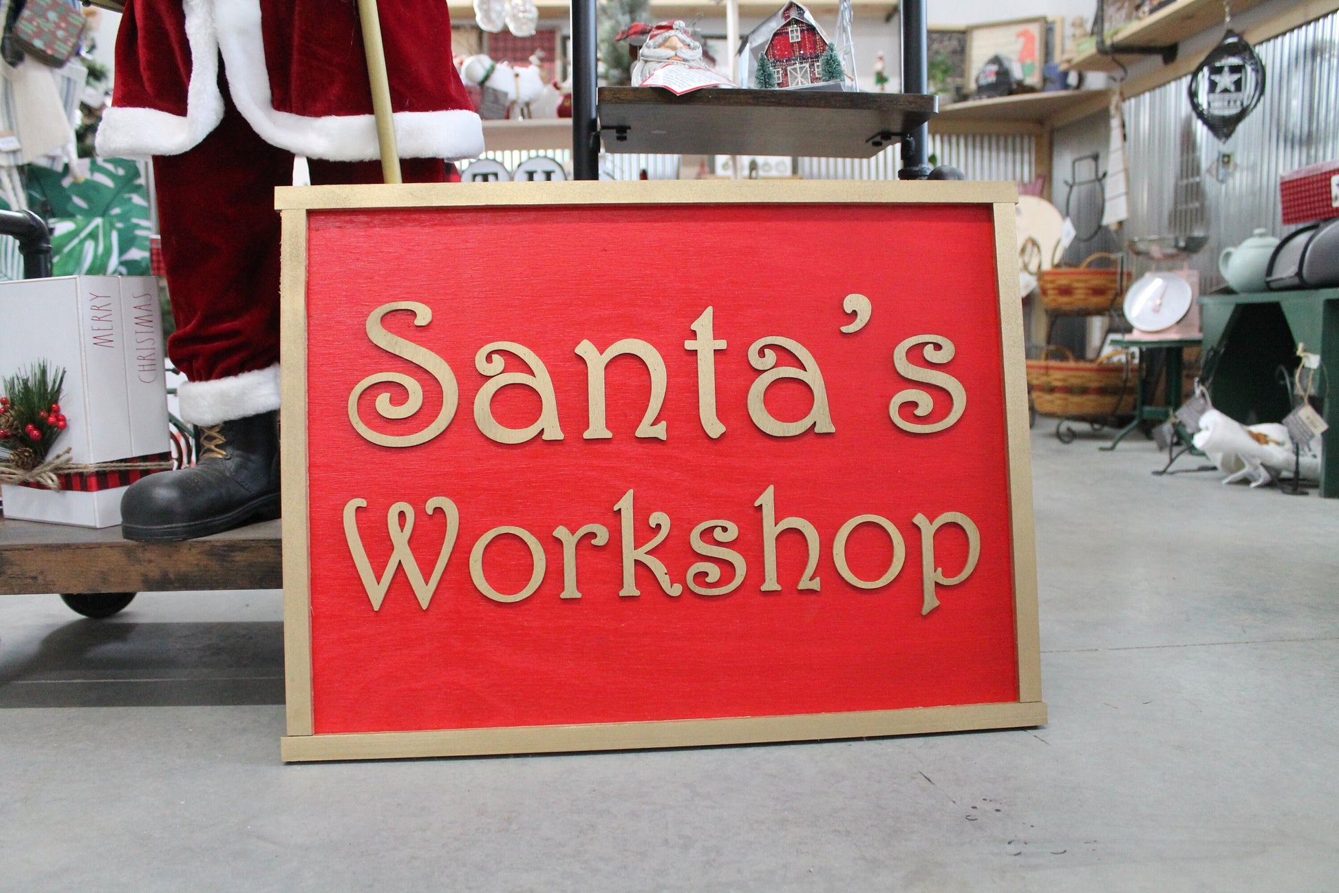 Santas Workshop Rectangle Raised Wooden 3D Sign Christmas Sign Seasonal Red Handmade Novelty Decor
