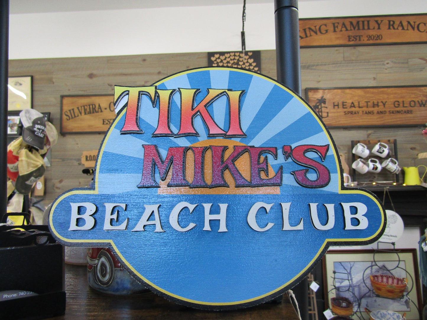 Custom Sign Contoured Business Commerical Signage Beach Club Bar and Grille Made to Order Tiki Tropical Logo Wooden Handmade Sunny Rays