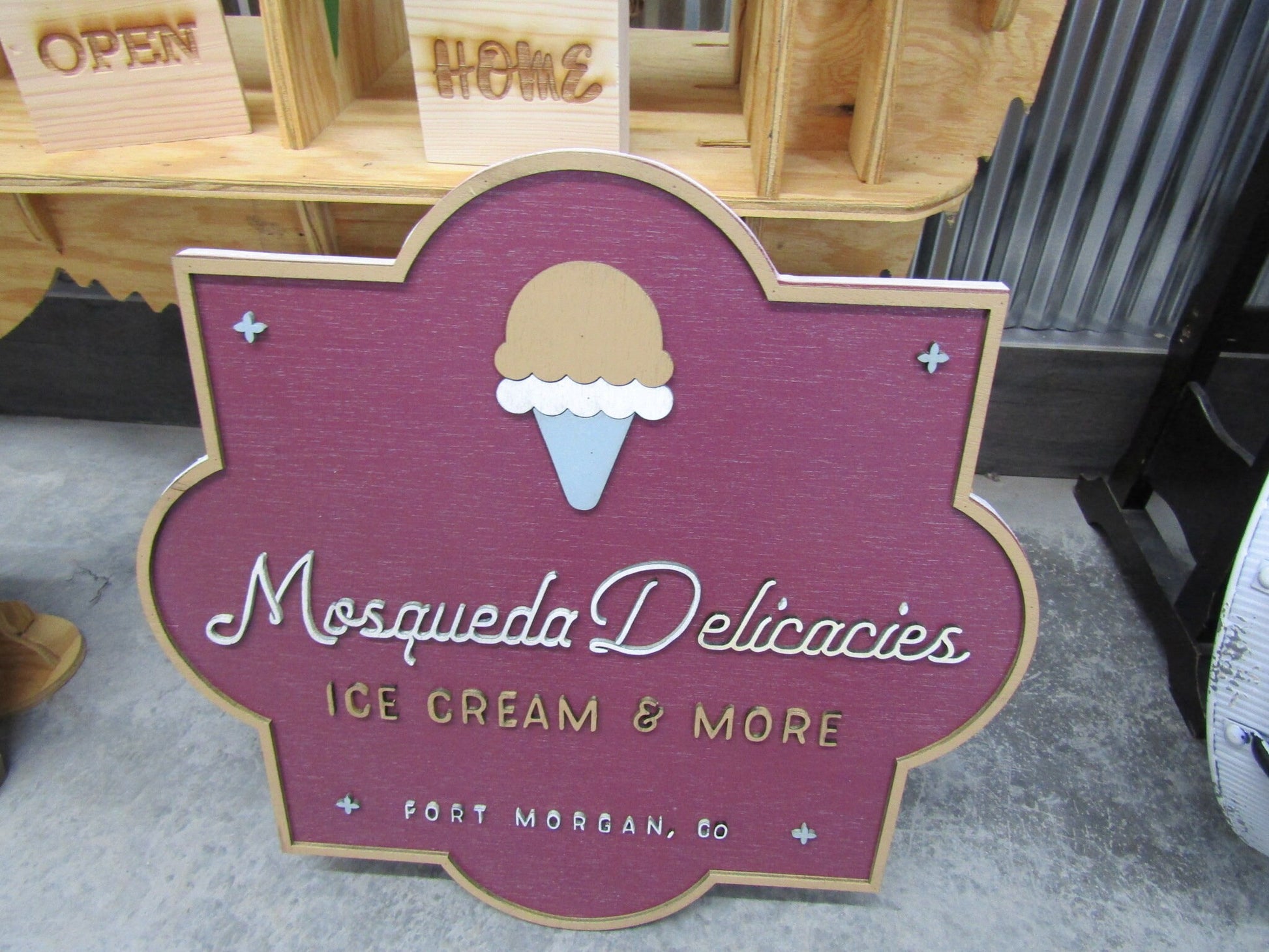 Custom Handmade Contoured Sign 3D Ice cream Shop Indoor Outdoor Food Service 3D Raised Lettering Design Your logo Business Name Here Wood