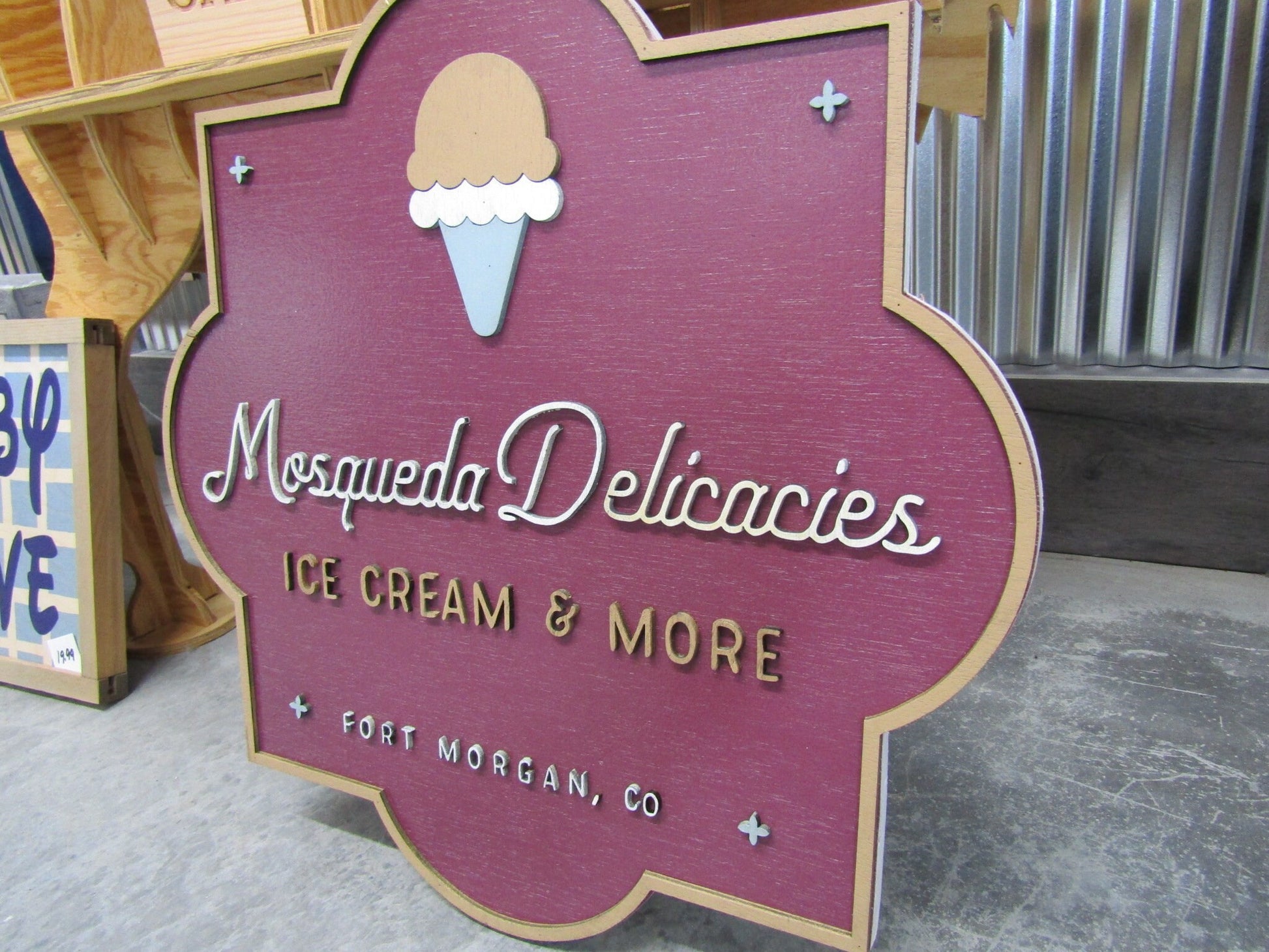 Custom Handmade Contoured Sign 3D Ice cream Shop Indoor Outdoor Food Service 3D Raised Lettering Design Your logo Business Name Here Wood