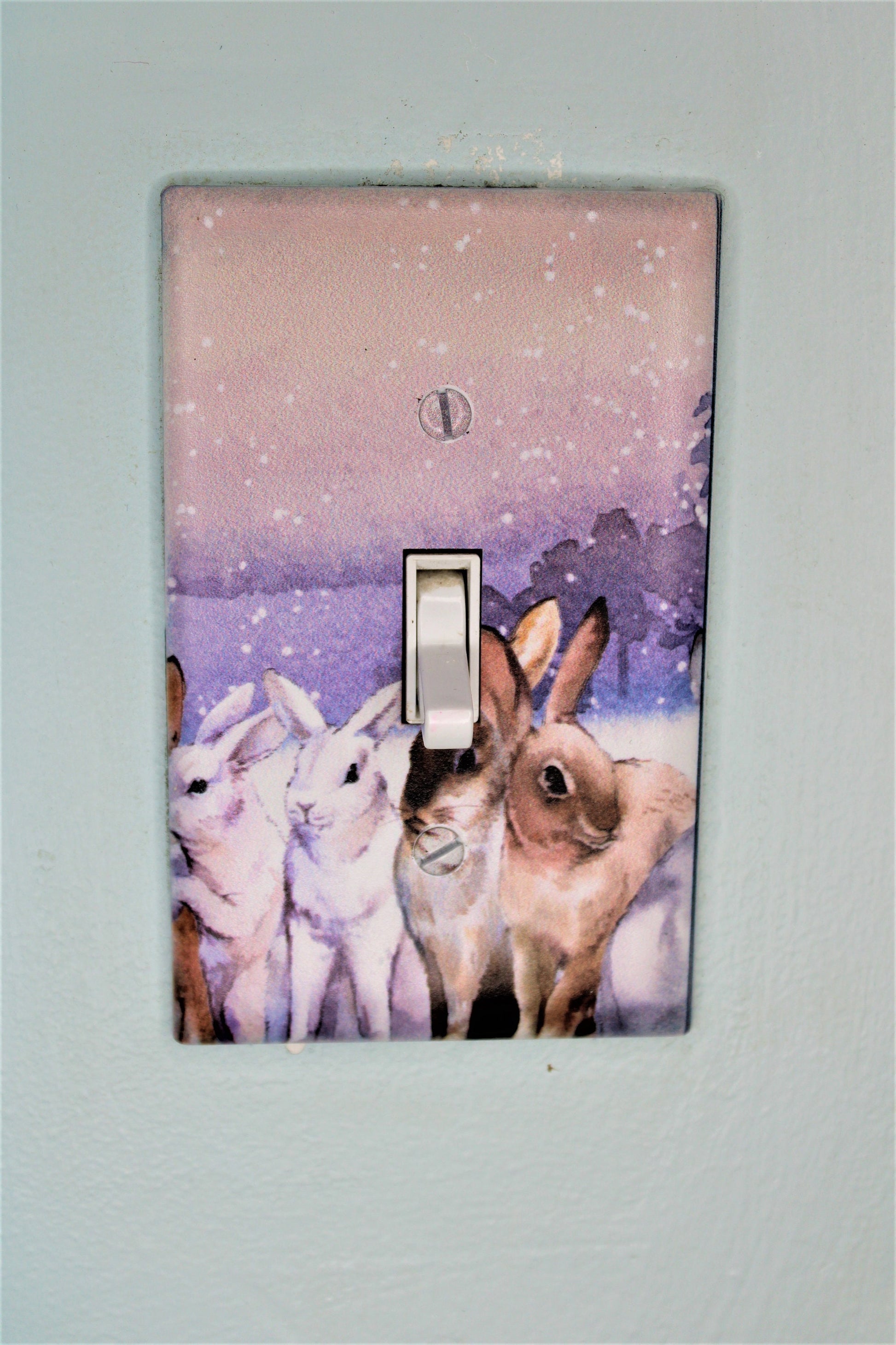 rabbit hare bunny winter snow durable custom printed painted light switch cover plate in color living room unique nursery bedroom