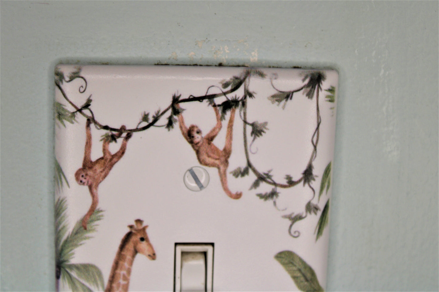 jungle elephant giraffe monkey wild decor nursery tree light switch plate cover printed durable green decor unique custom piece