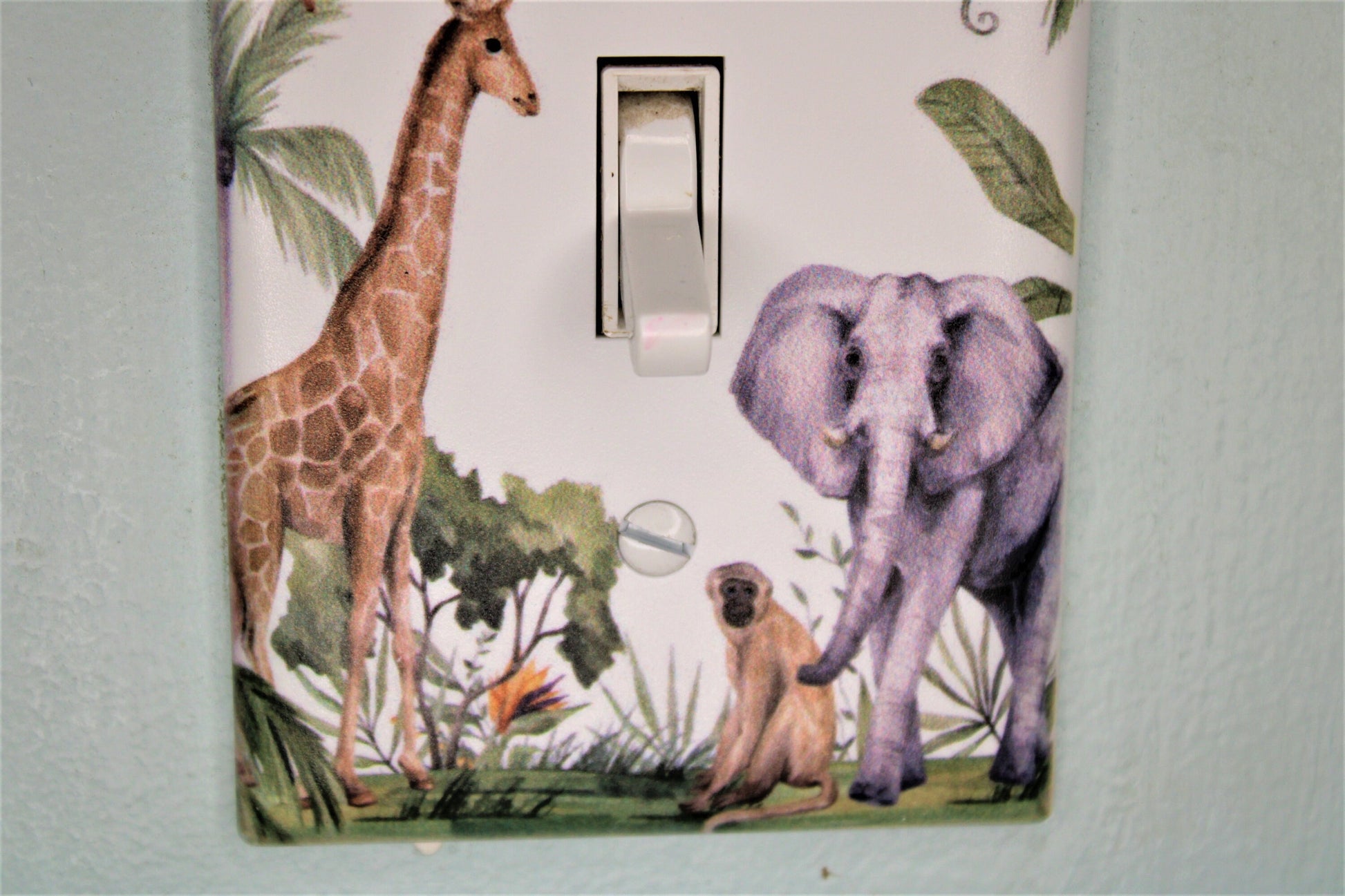 jungle elephant giraffe monkey wild decor nursery tree light switch plate cover printed durable green decor unique custom piece