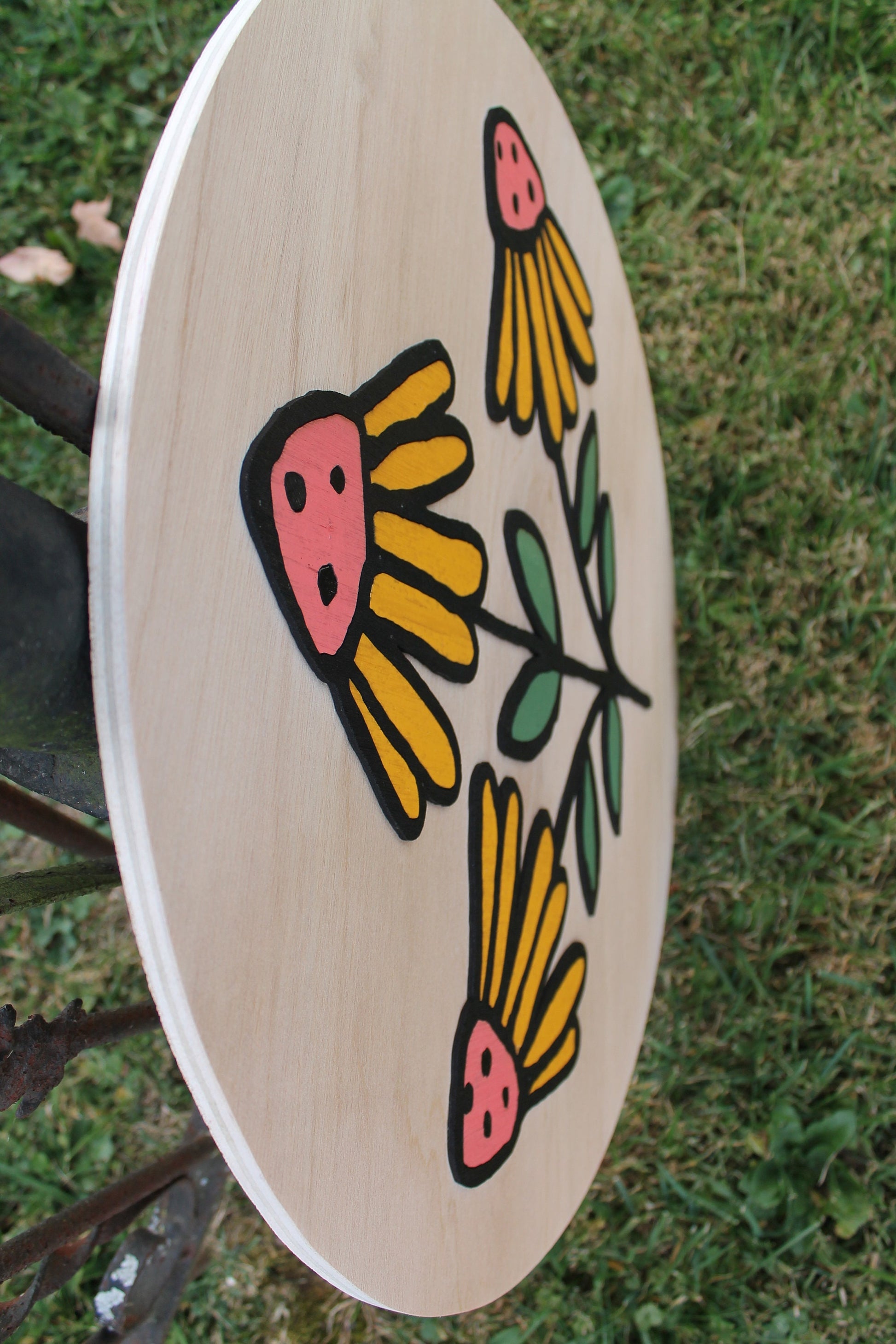 Flower Wildflower 3D Daisy Coneflower Handmade Round Wooden Sign Custom Personalized Logo Circle Raised Yellow Garden