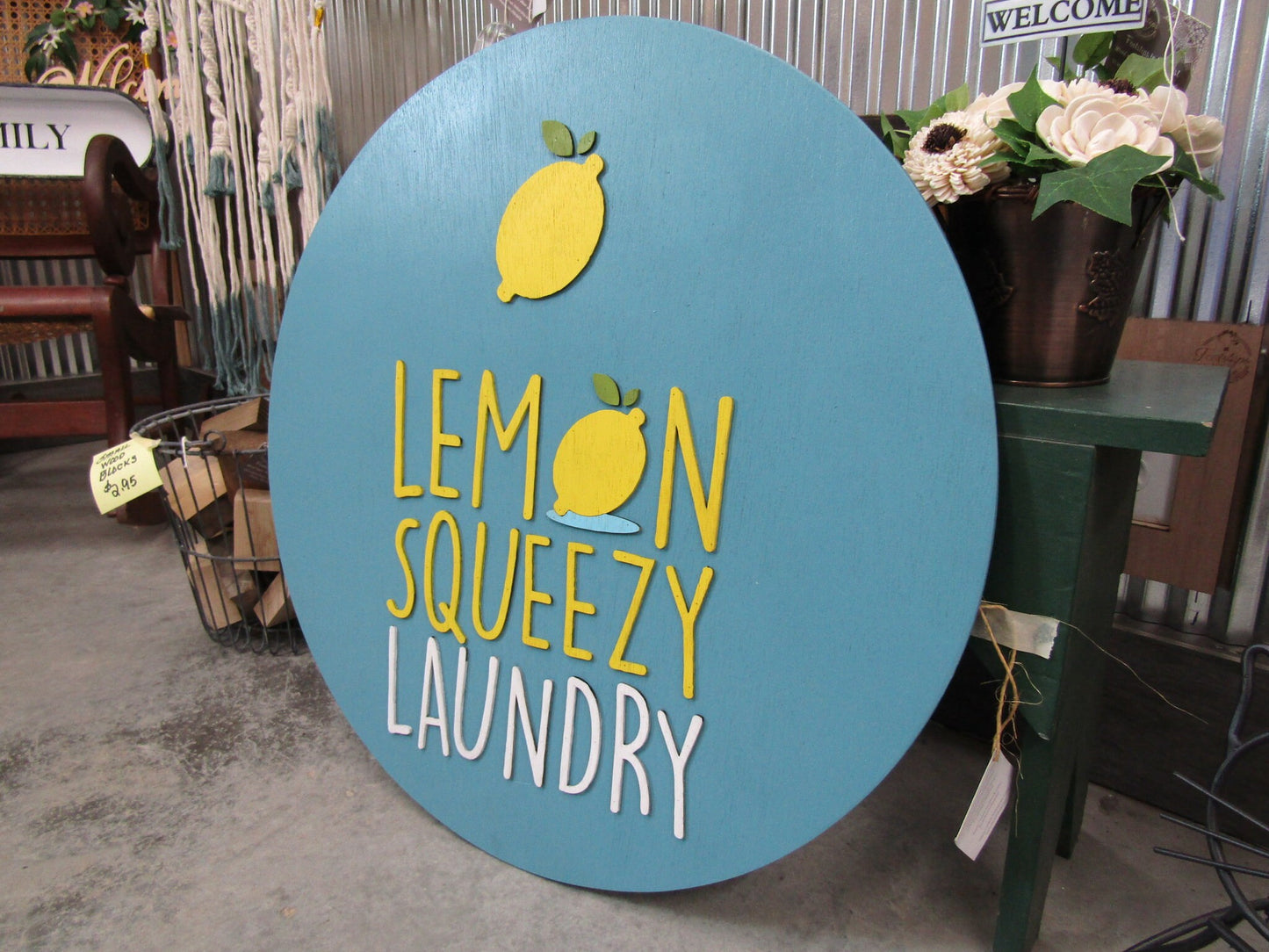 Lemon Sign Laundry Lemonade Squeezy Blue Yellow Custom Commerical Signage Round Circle Sign 3D Raised Handmade Wooden Business Sign