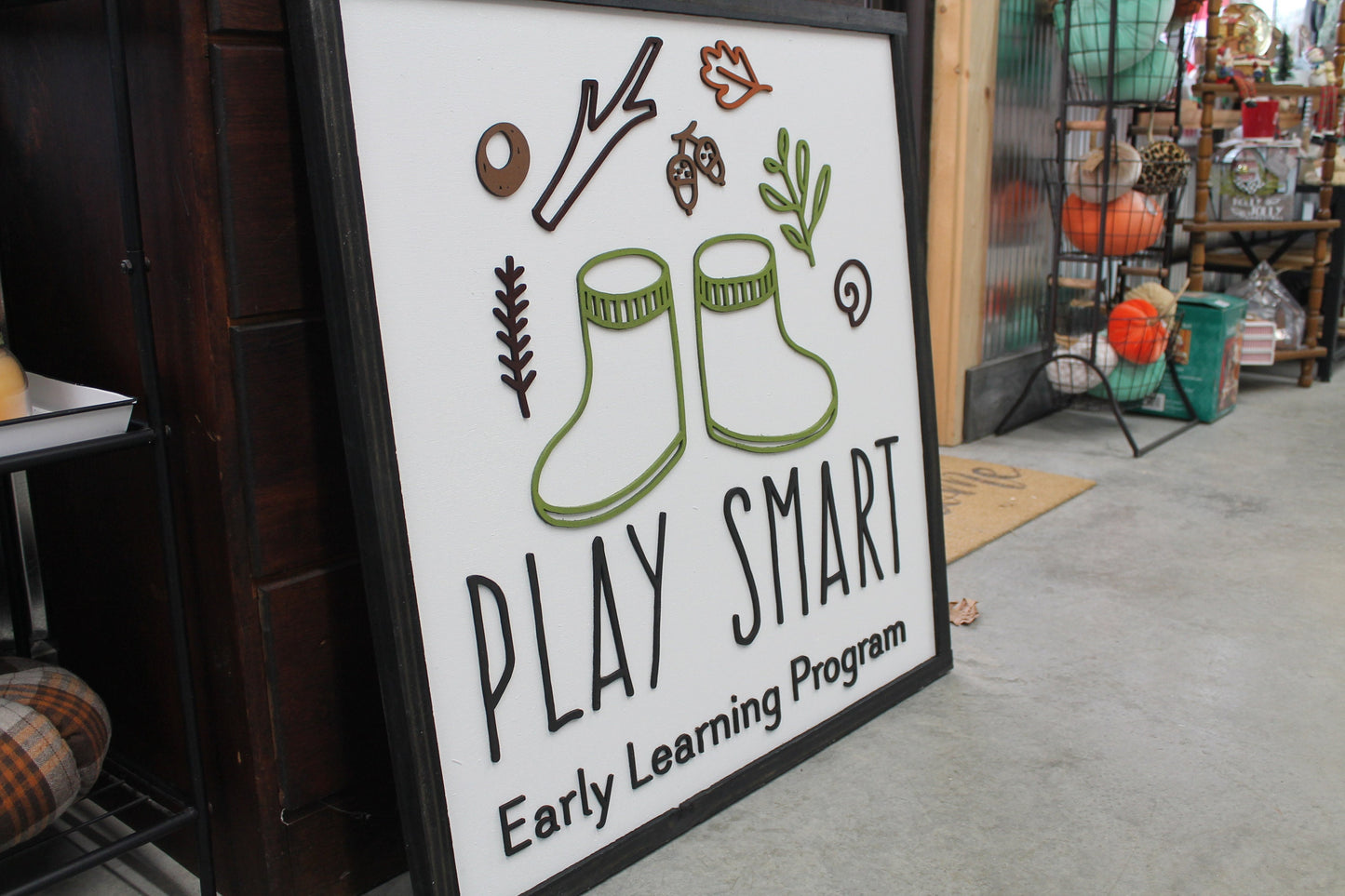 Custom Sign Square Early Learning Commerical Signage Play Boots Outside School 3D Made to Order Logo Wooden Handmade Daycare Kids Children