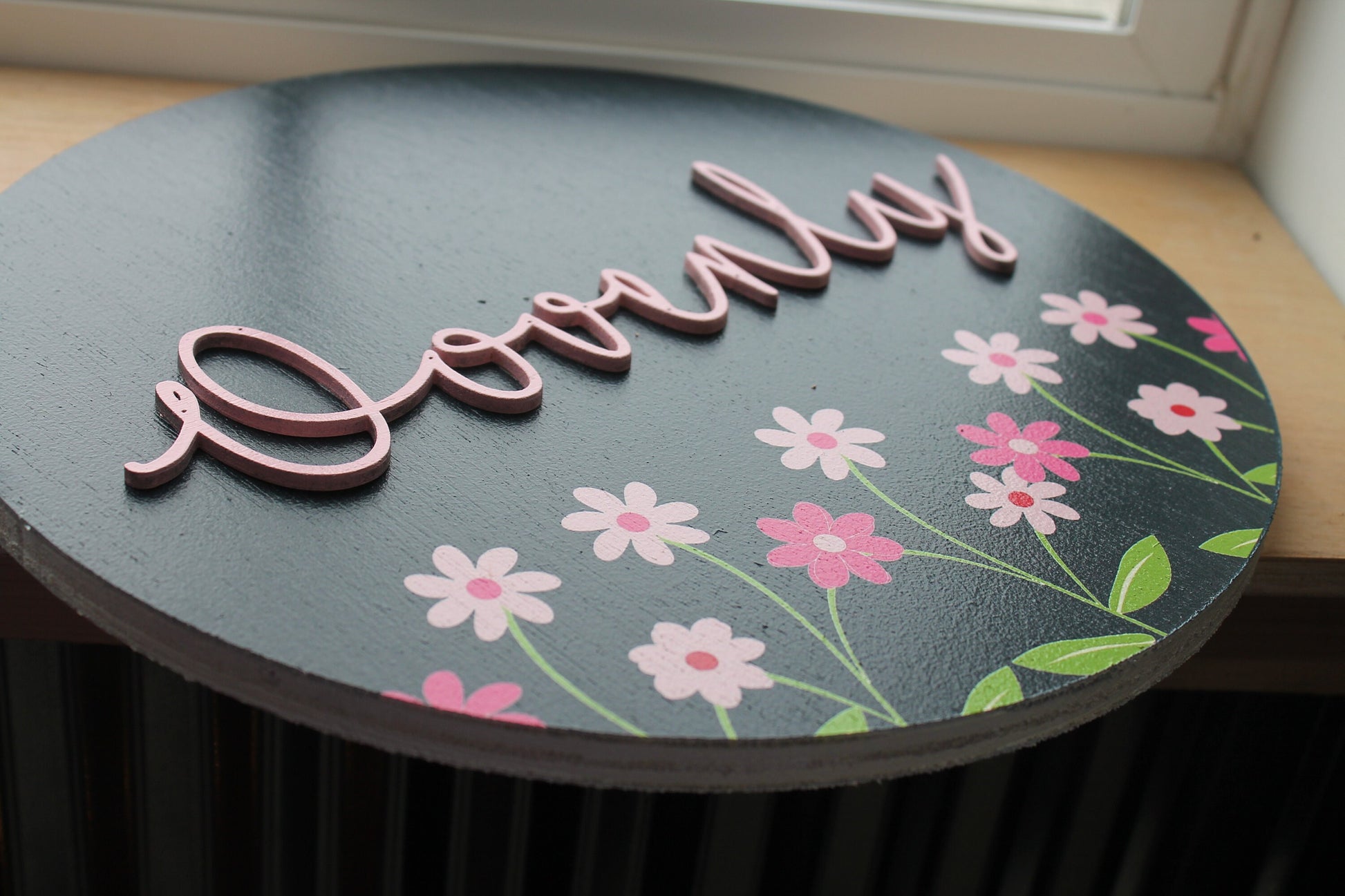 Custom Sign Round Nursery Little Girls Minimalist Made to Order Floral Circle Wooden Handmade Printed and Raised Name Pink Garden Spring