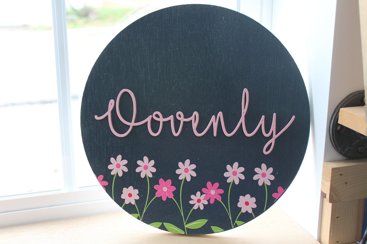 Custom Sign Round Nursery Little Girls Minimalist Made to Order Floral Circle Wooden Handmade Printed and Raised Name Pink Garden Spring