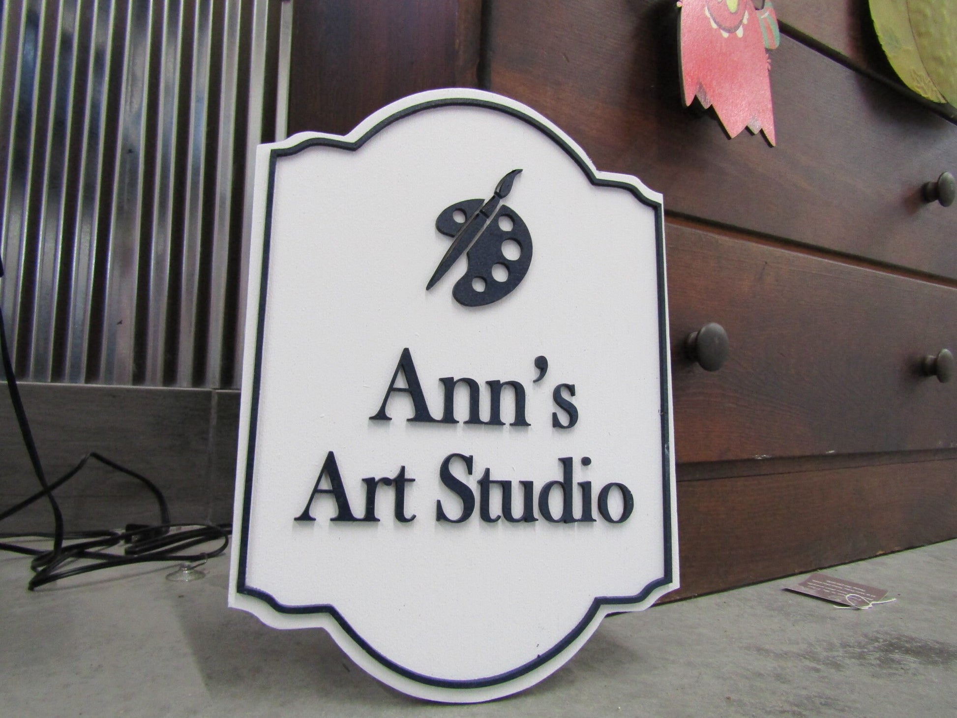Art Studio Paint Brush Pallette Custom Personalized Contoured Signage Shop Business Sign Wooden Handmade 3D Raised Text Logo Minimalist
