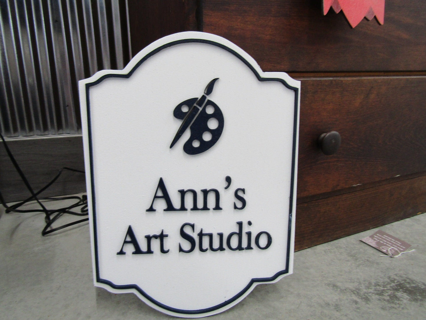 Art Studio Paint Brush Pallette Custom Personalized Contoured Signage Shop Business Sign Wooden Handmade 3D Raised Text Logo Minimalist