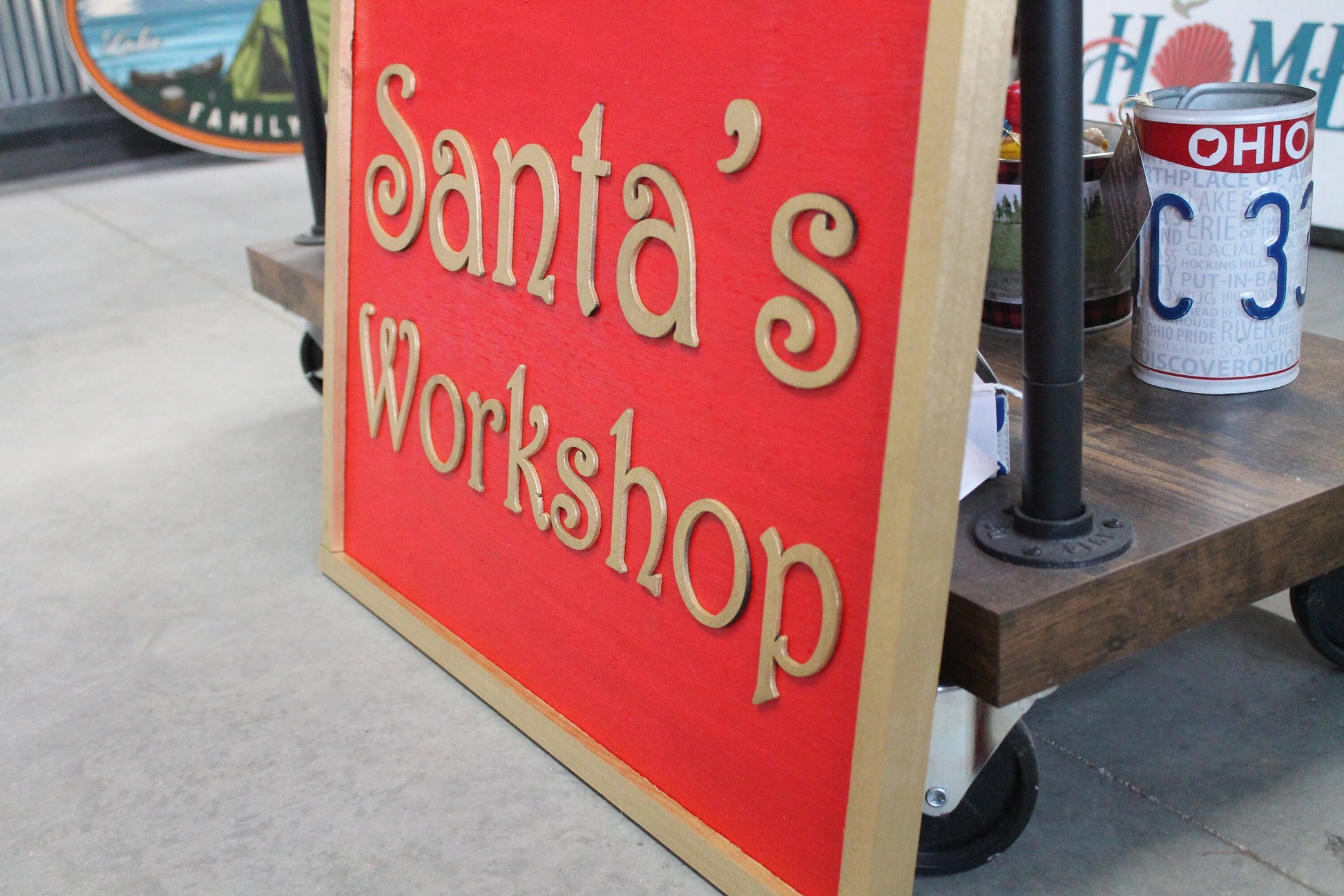 Santas Workshop Rectangle Raised Wooden 3D Sign Christmas Sign Seasonal Red Handmade Novelty Decor