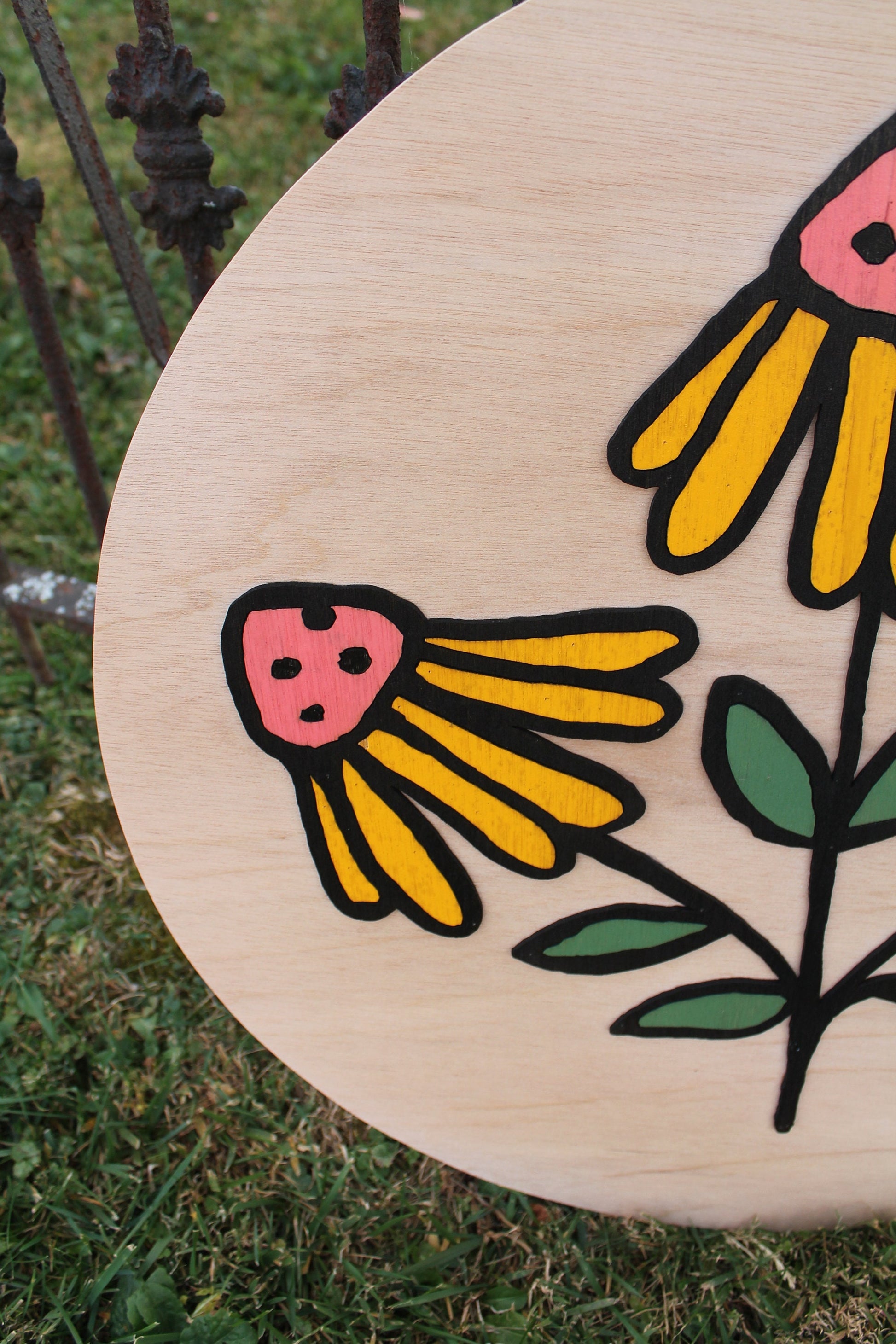 Flower Wildflower 3D Daisy Coneflower Handmade Round Wooden Sign Custom Personalized Logo Circle Raised Yellow Garden