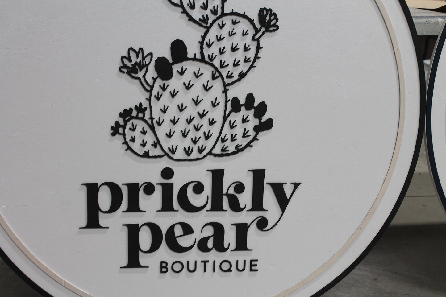 Cactus Prickly Pear Handmade Custom Commerical Signage Boutique Store Front Sign Back and White 3D Raised Round Circle Sign