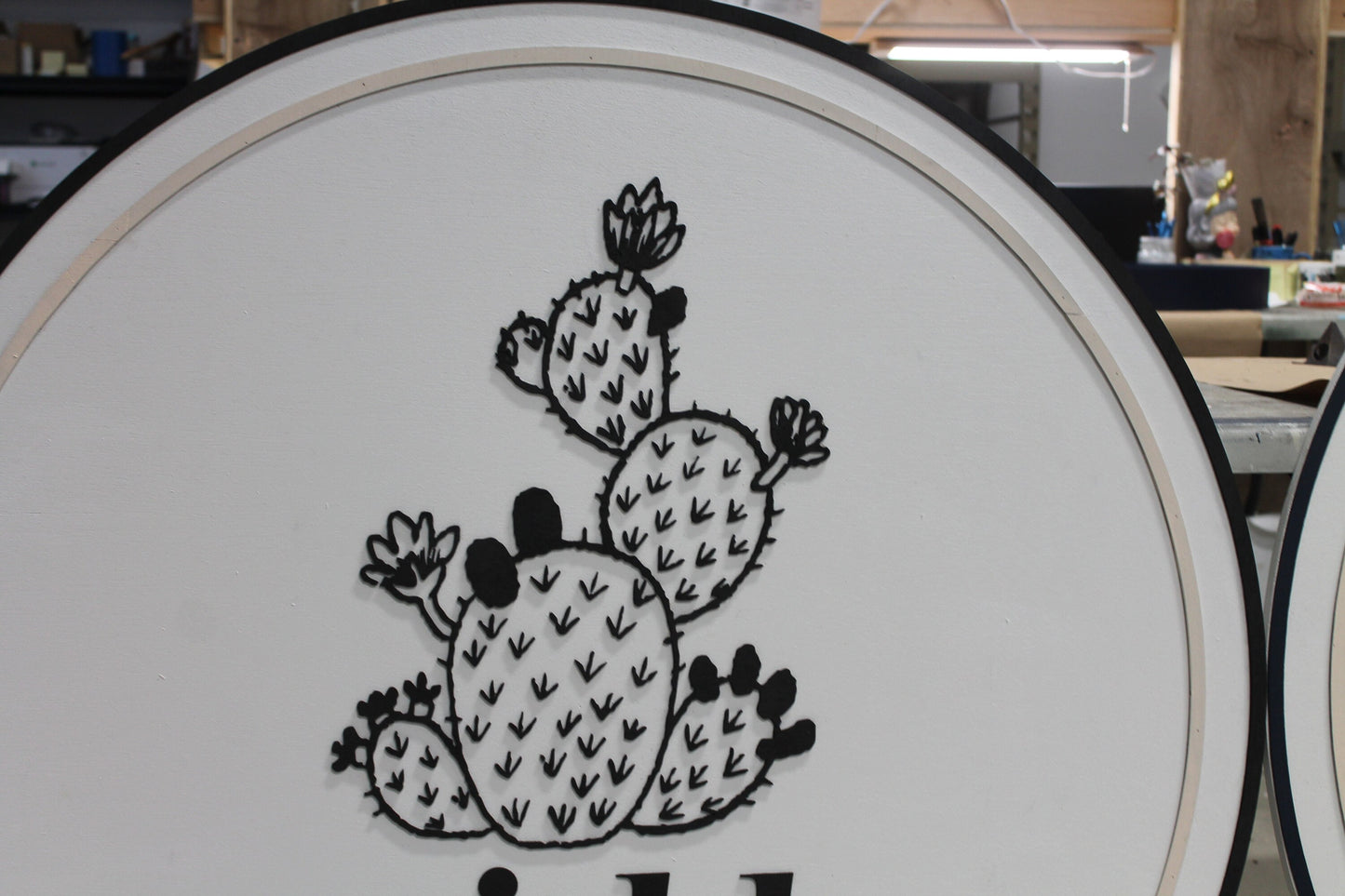 Cactus Prickly Pear Handmade Custom Commerical Signage Boutique Store Front Sign Back and White 3D Raised Round Circle Sign