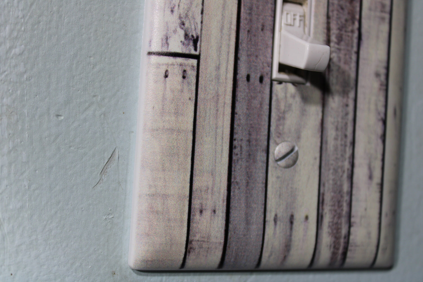 Rustic whitewashed pallet wood nails with warn painted paint chips light switch cover plate farmhouse decor