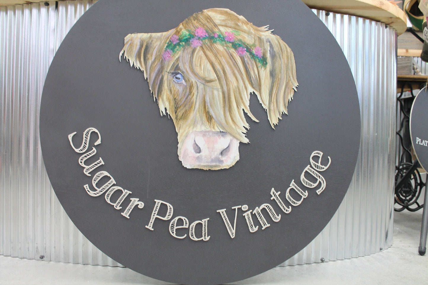 Custom Sign Highland Cow Vintage Store Round Made to Order Floral Crown Circle Wooden Handmade Printed and Raised Logo Personalized SugarPea