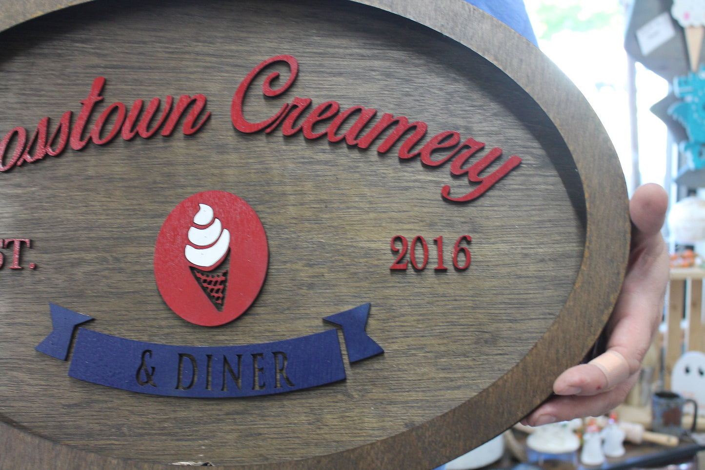 Custom Creamery Eatery Restaurant Ice Cream Wooden Led Elevated Text Raised Words Oval Light Up Indoor Remote Handmade Kitchen Logo