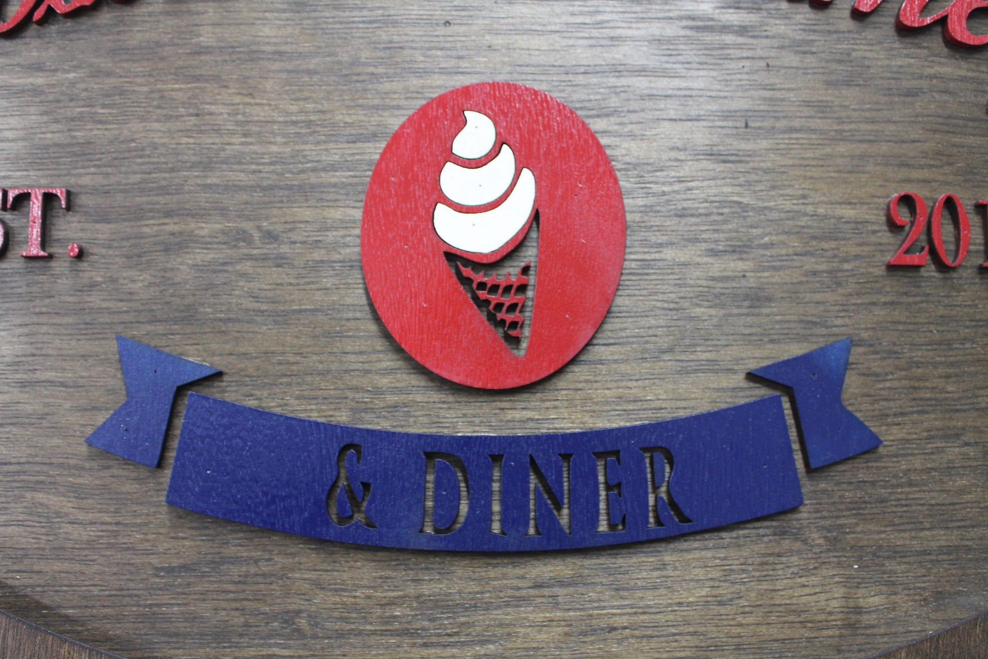 Custom Creamery Eatery Restaurant Ice Cream Wooden Led Elevated Text Raised Words Oval Light Up Indoor Remote Handmade Kitchen Logo