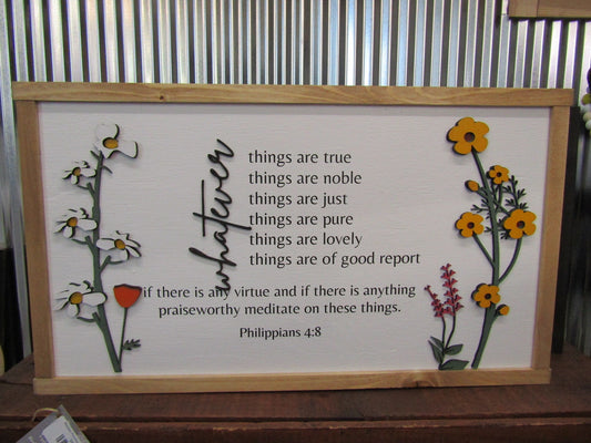 Whatever is True Philippians 4:8 Raised Floral Printed Image Uplifting Faith Bible Verse Spiritual Home Decor Handmade Library Remind Beauty