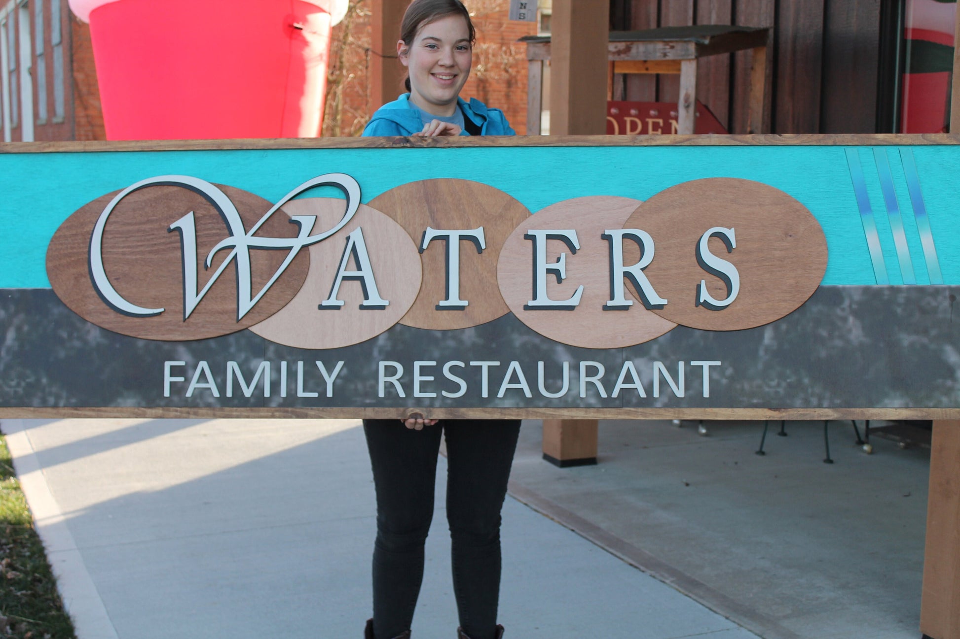 Custom Oversized Family Restaurant Waters Brown Blue Logo Printed and Raised Letters Handmade Wooden Signage Commerical Business