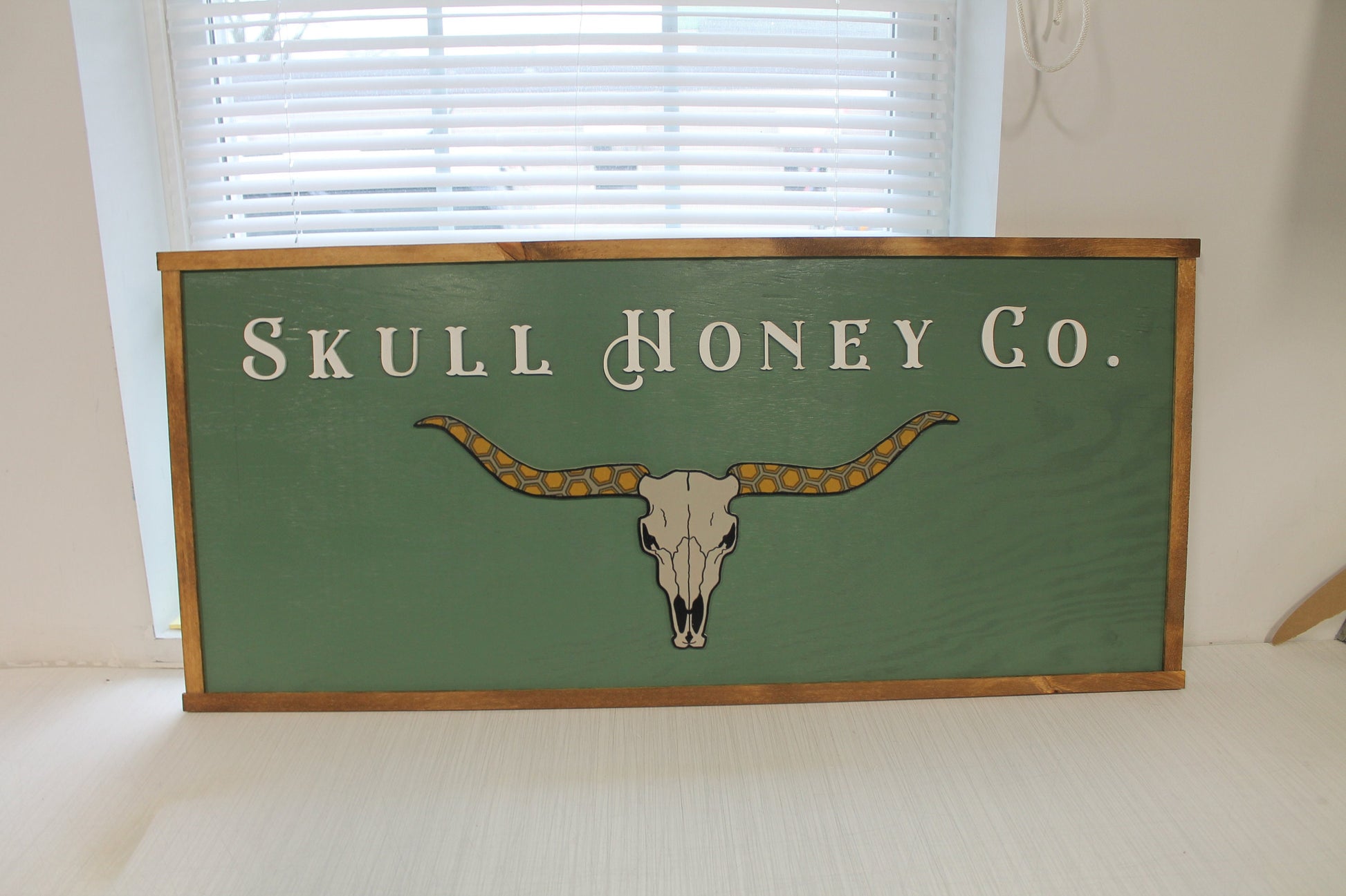 Custom Logo Skull Bull Honey Business Image Printed Raised Lettering Western Country Green Steer Wooden Handmade Decor Sign Boutique