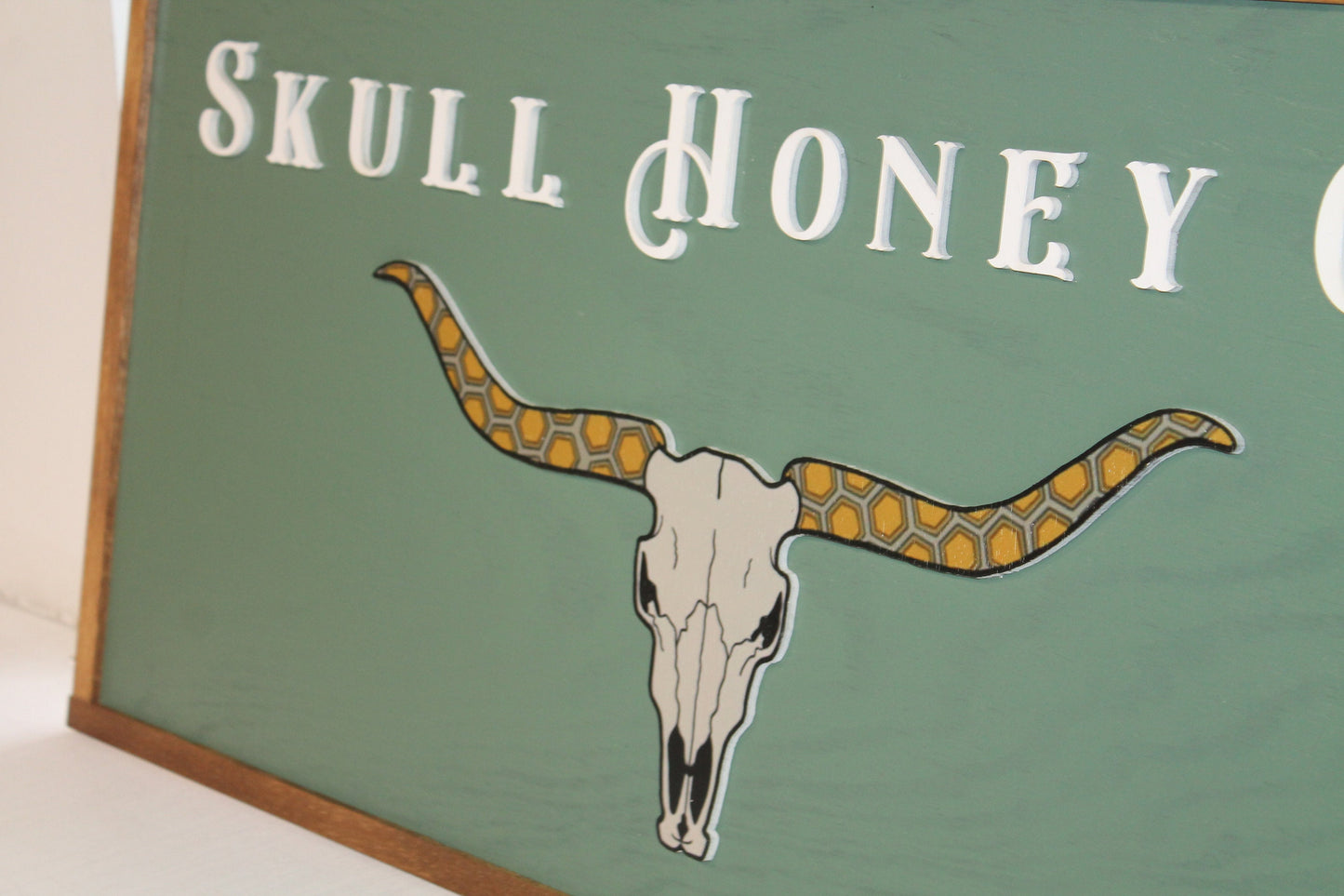 Custom Logo Skull Bull Honey Business Image Printed Raised Lettering Western Country Green Steer Wooden Handmade Decor Sign Boutique