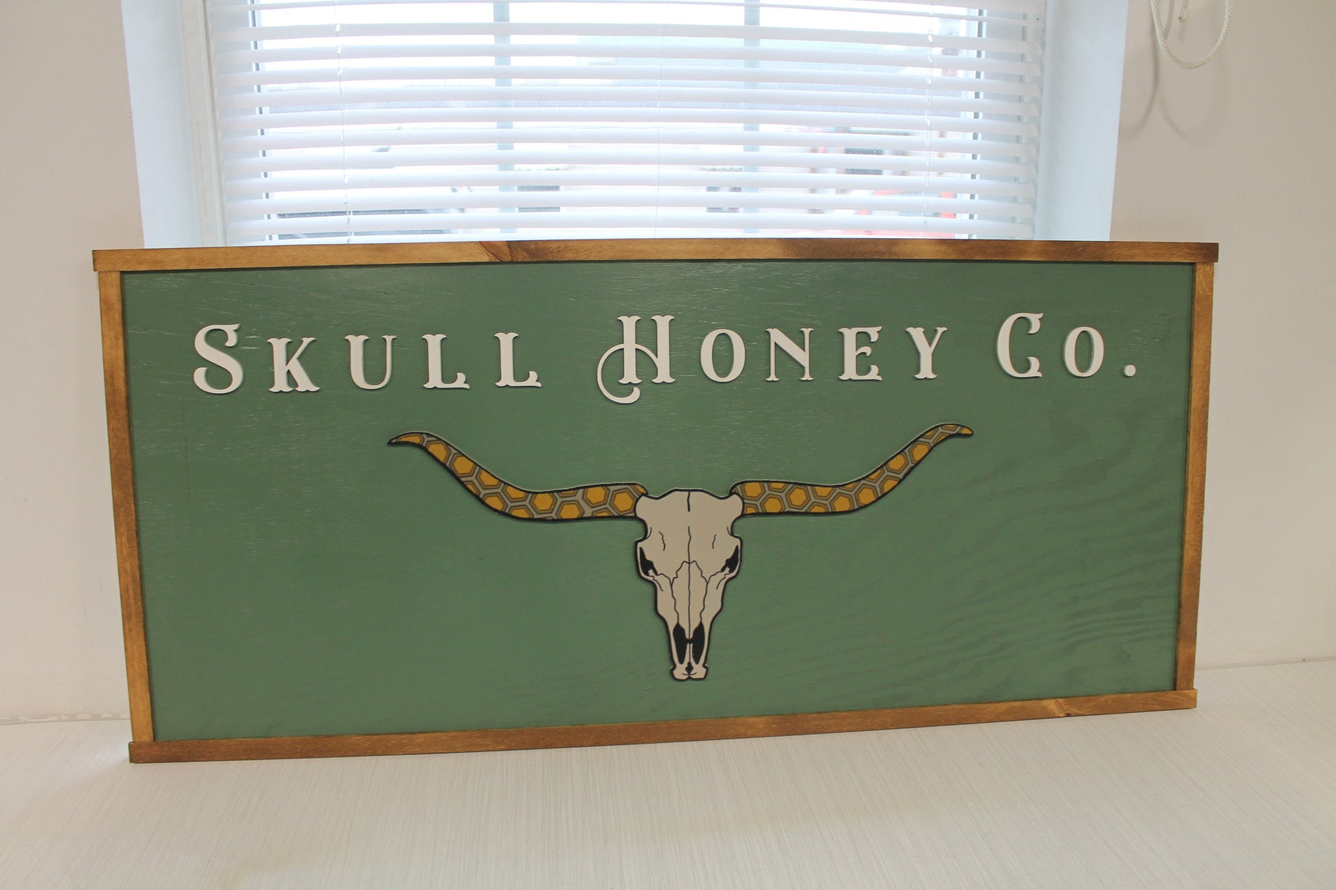 Custom Logo Skull Bull Honey Business Image Printed Raised Lettering Western Country Green Steer Wooden Handmade Decor Sign Boutique