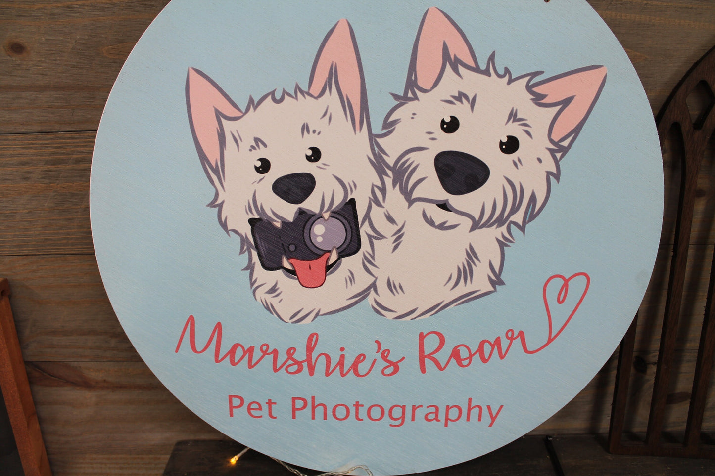 Small Business Sign Pet Photographer Dog Westie Logo Round Hanging Sign Design Booth Custom Circle Personalized Wall Art Color Wood Print