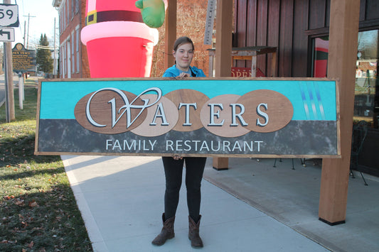 Custom Oversized Family Restaurant Waters Brown Blue Logo Printed and Raised Letters Handmade Wooden Signage Commerical Business