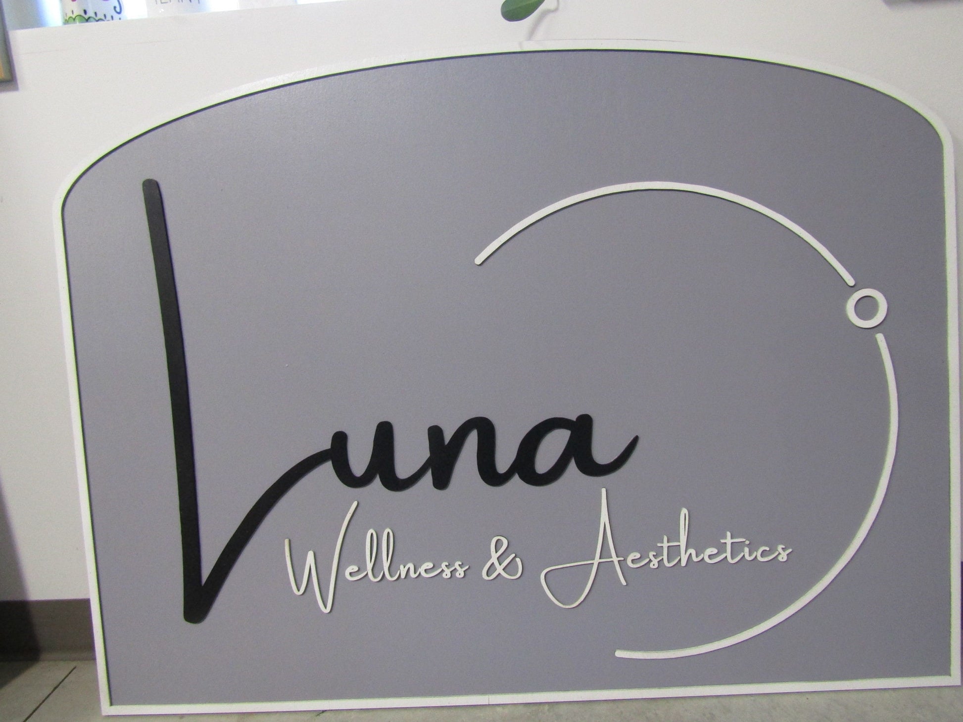 Wellness and Aesthetic Signage Business Health Commerical Signage Gray White Half Moon Large Wooden Handmade Laser Cut Logo Beauty