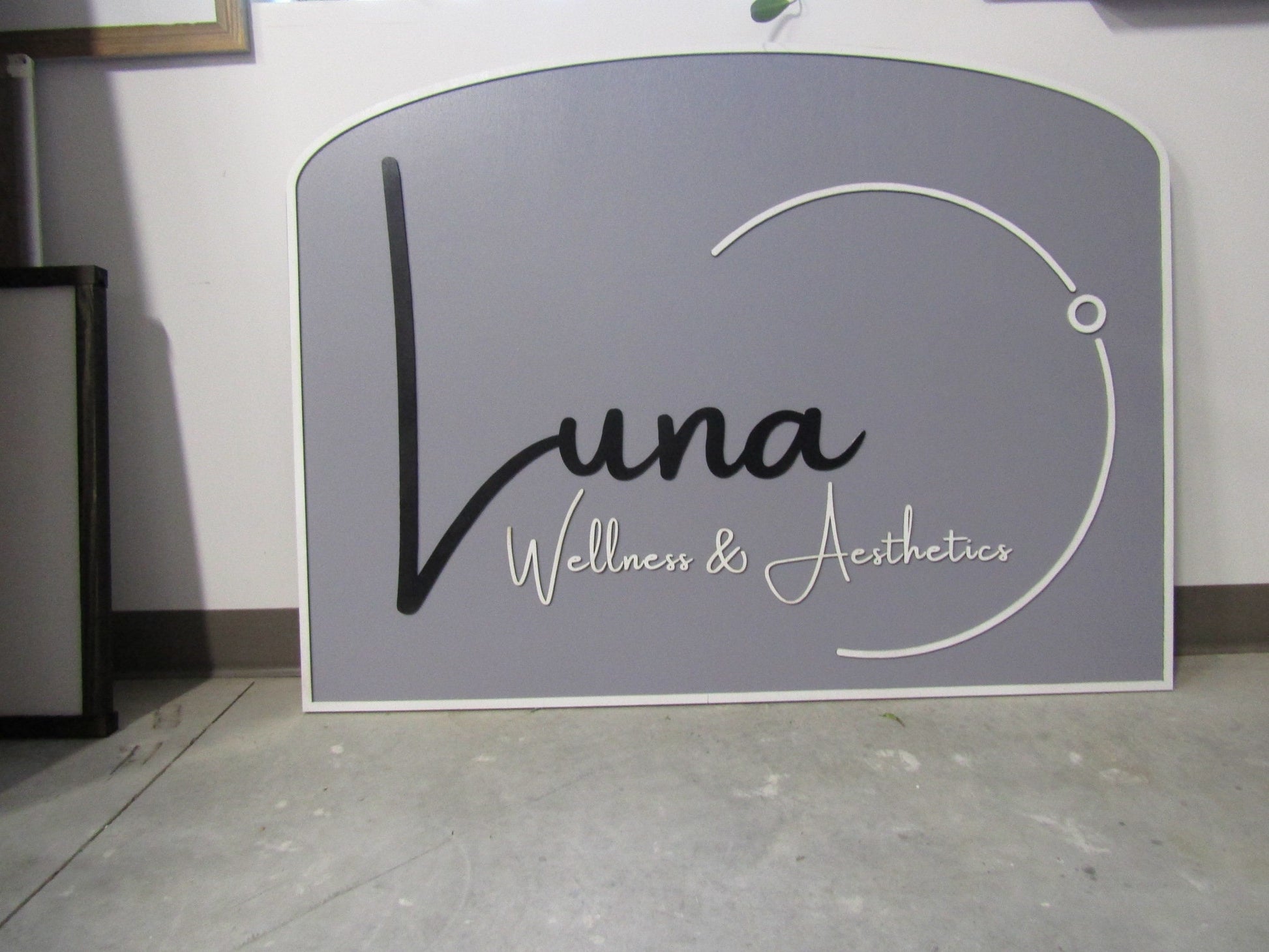 Wellness and Aesthetic Signage Business Health Commerical Signage Gray White Half Moon Large Wooden Handmade Laser Cut Logo Beauty